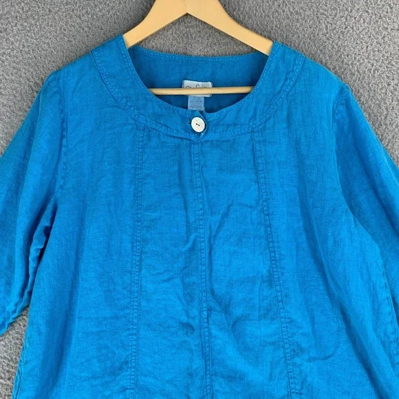 Mosaic‎ USA Top Large Linen Blue Button 3/4 Sleeve Vibrant Lagenlook - Picture 3 of 12